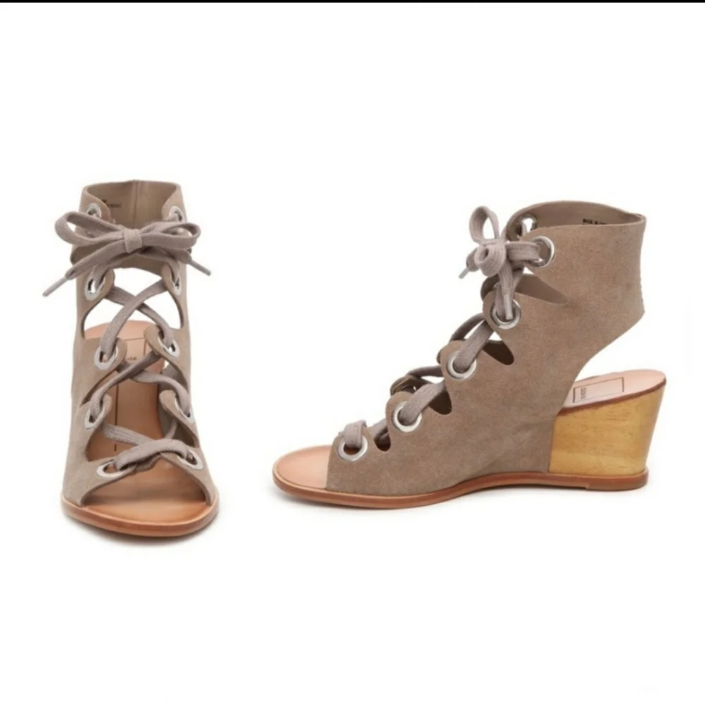 Dolce Vita Lei leather suede Boho Ghillie lace up wooden wedge heel open shoe